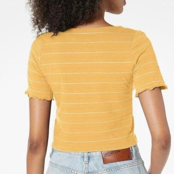 Roxy Uncomplicated Mind Button Front Stripe Tee Ochre Beachy Yarn, Small, NWT - Picture 2 of 9